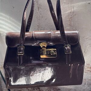 Vintage Brown Patent Leather Top-Handle Satchel - mint!